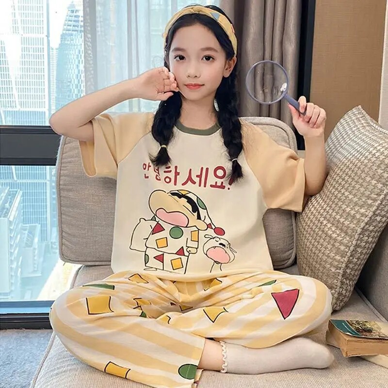 睡衣夏季全棉长裤圆领儿童卡通短袖女大童纯棉薄款套装女童家居服