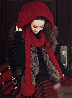 菁菁本店购大红色毛球日韩围巾帽一体斗篷魔法家护耳辫子毛线帽子