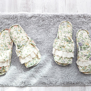 韩国进口绿色居家室内布艺防滑底家用拖鞋纯棉静音防滑四季地板鞋