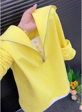 2026年新款黄色拼接假两件长袖t恤女春季正肩宽松大码简约上衣女