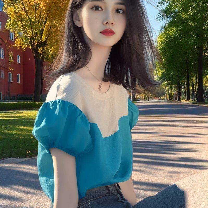 上衣女夏季洋气拼接女士显瘦打底短袖撞色小众新款时尚拼色T恤女,女装/女士精品,T恤,淘宝优惠券,粉丝福利购,淘宝优惠卷