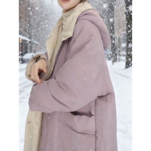 双面穿拼接连帽棉衣2026新款派克服冬季中长款韩版宽松棉服外套女