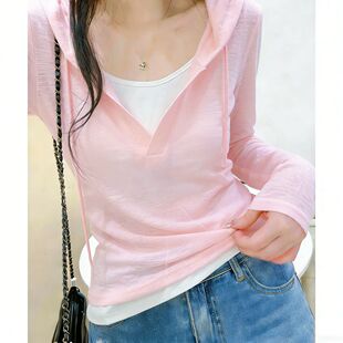 温柔粉色假两件连帽T恤女长袖2026年春新款设计感正肩打底衫上衣