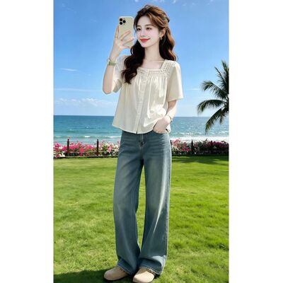 法式方领正肩短袖衬衫女装夏季新款宽松显瘦胖MM百搭时尚休闲上衣