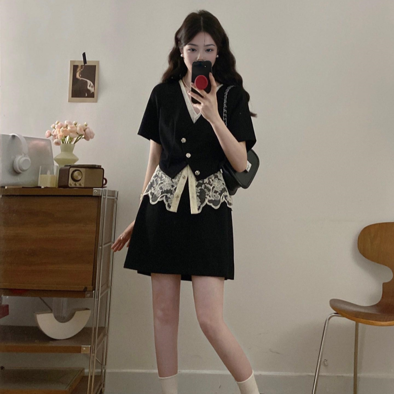 今年流行的时尚套装女假两件短袖T恤上衣+高腰阔腿短裤裙两件套装,女装/女士精品,大码套装,淘宝优惠券,粉丝福利购,淘宝优惠卷