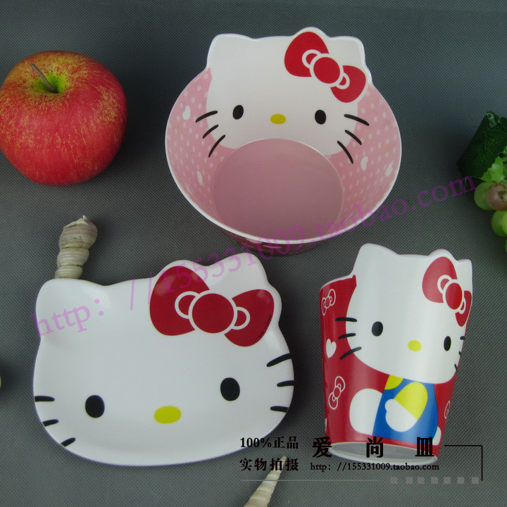 可爱三丽鸥立体KT凯蒂猫头造型人气卡通密胺美耐皿儿童盘碗杯套装