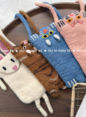 尼泊尔手工羊毛毡手机包斜挎包小众卡通可爱女生包包猫咪小羊ins