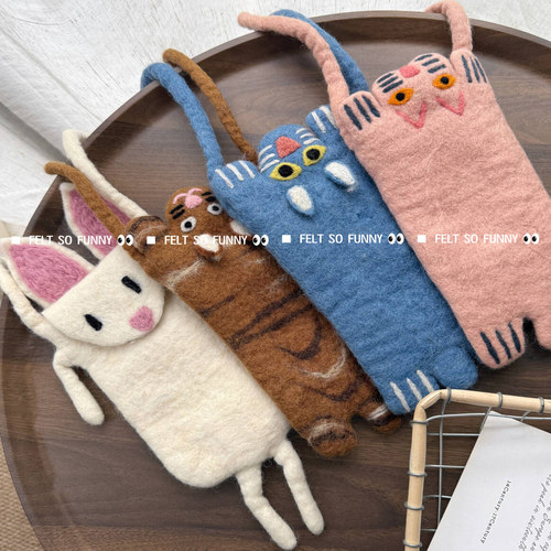 尼泊尔手工羊毛毡猫猫卡通手机包