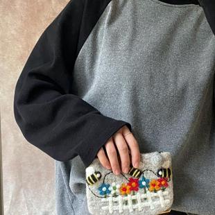 治愈软糯可爱羊毛毡钥匙包耳机口红收纳零钱包田园风手拿包森女风