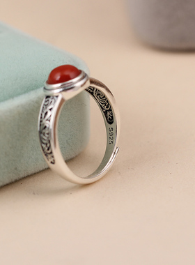 紫蝉女925纯银民族镶嵌南红戒指