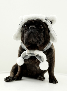 可爱小狗棉帽子保暖雷锋帽加厚加绒围巾围脖狗狗冬季法斗剃毛保暖