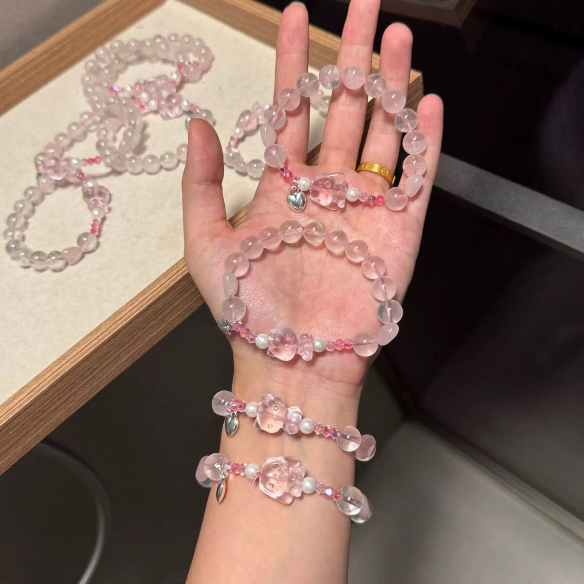 天然粉水晶狐狸手链女芙蓉石单圈手饰/手串