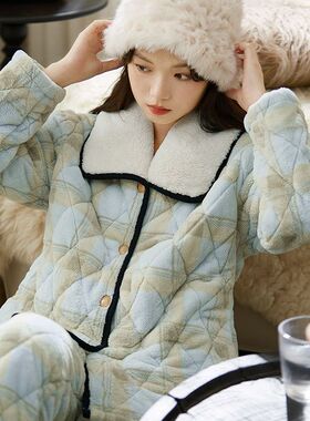 睡衣女冬季珊瑚绒加厚加绒夹棉冬天保暖高级感格子家居服
