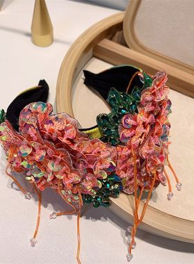 宽边女发箍圆片玫粉色紫色压发发卡发饰复古串珠镶钻宫廷头箍高级