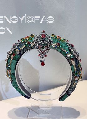 雕花顶发箍海绵复古镶钻头箍宝石绿色发卡发饰女高颅宫廷水钻合金