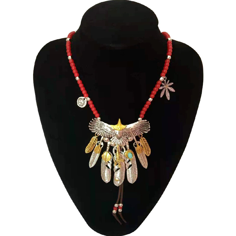 欧美日韩可调节皮绳高桥复古宝石羽毛项链男女嘻哈原宿风新配饰品