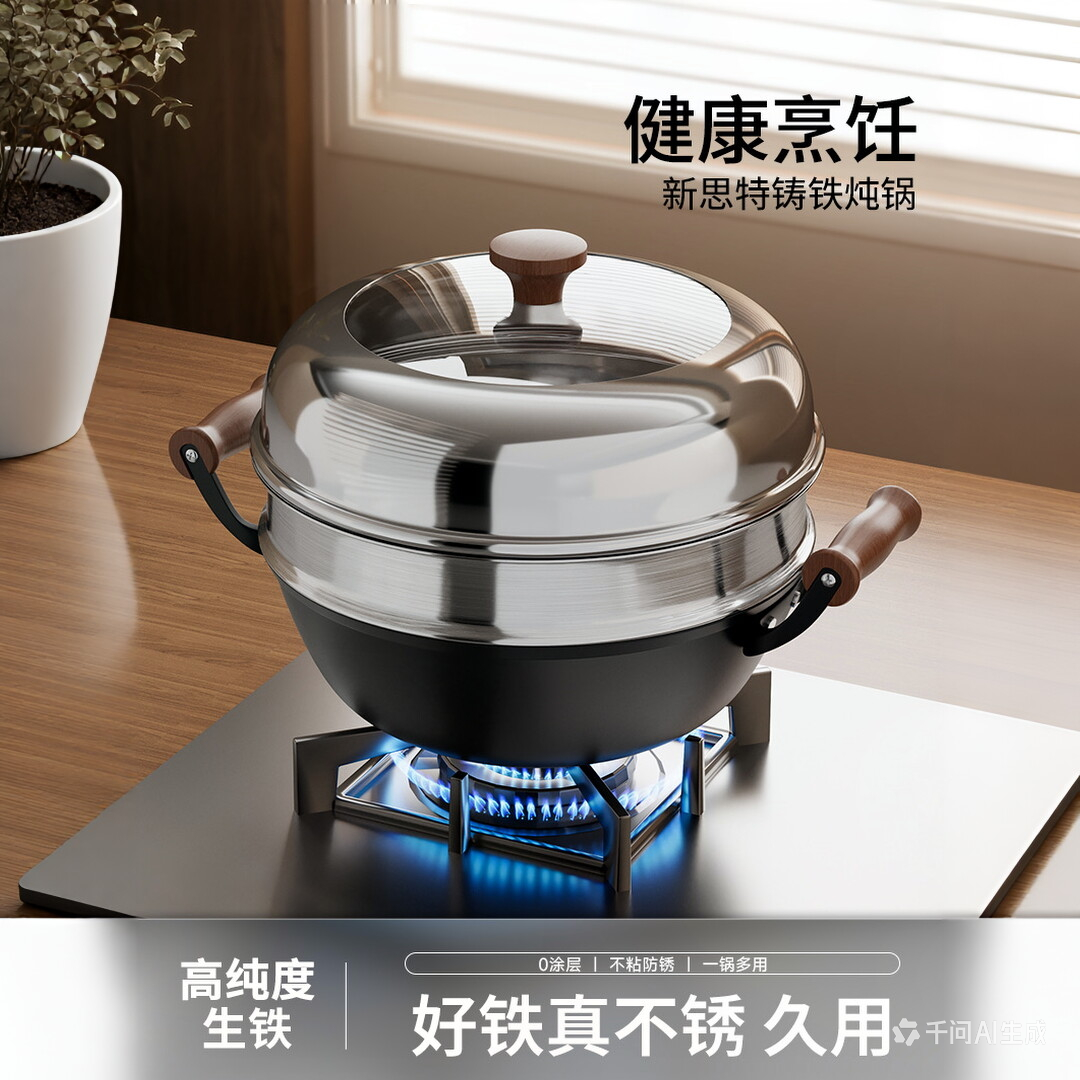 新思特官方正品 铸铁炒锅0涂层健康炖菜锅家用炖锅电磁炉煤气通用