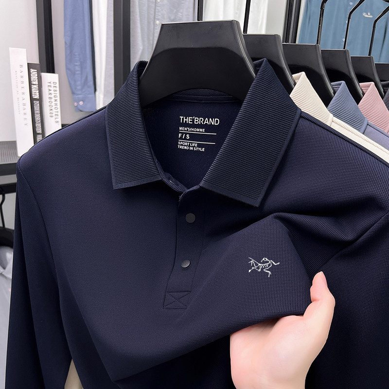 春秋新款男士刺绣鸟长袖T恤高端无痕商务休闲百搭翻领上衣POLO衫