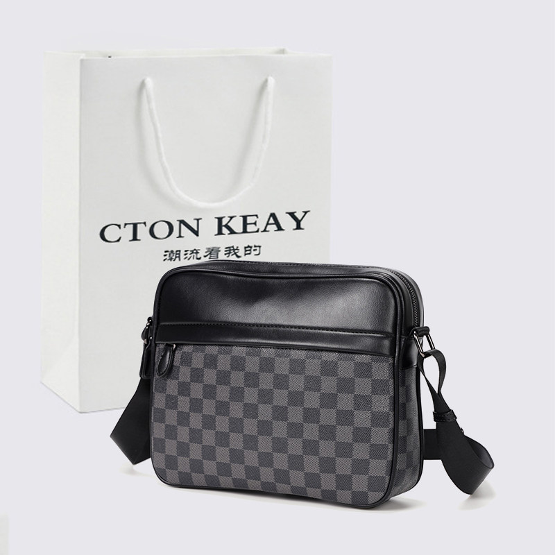 男士大号相机包时尚牛皮休闲单肩包商务斜挎包横款百搭格子跨包潮