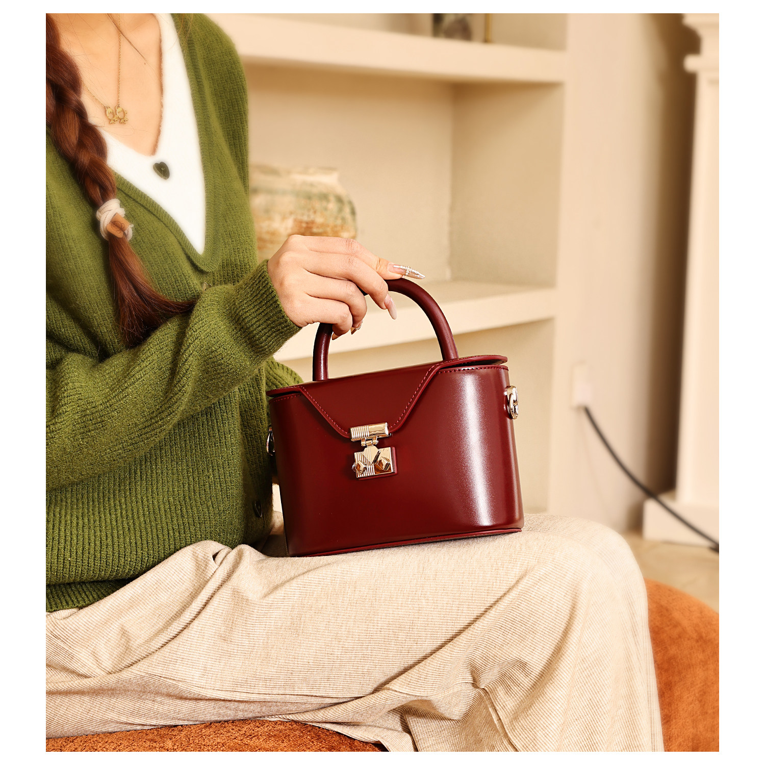 GXFMOD小众设计红色真皮小方包女2025秋冬新款高级感复古斜挎包包