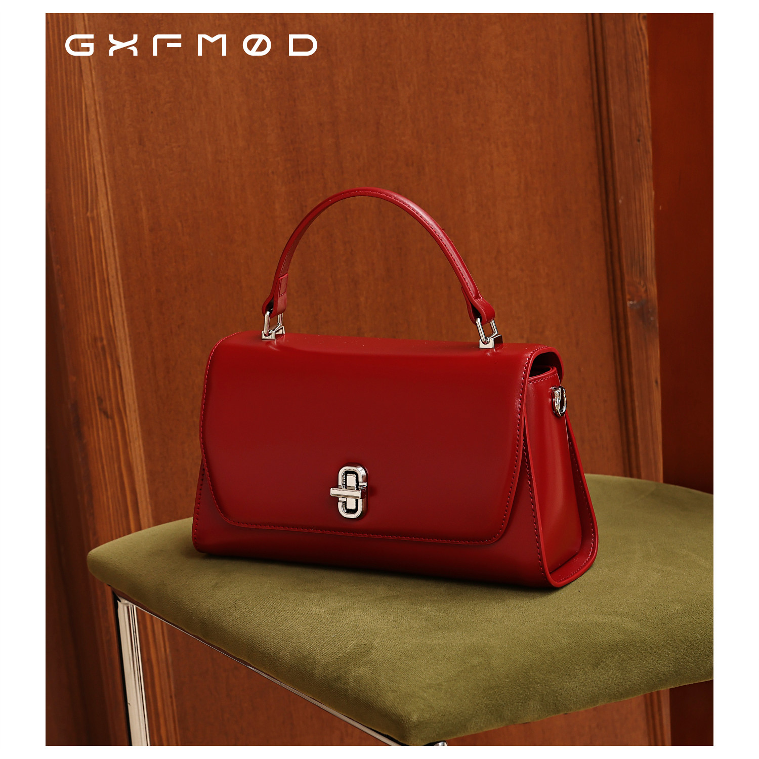 GXFMOD小众品牌高级感牛皮小方包女红色洋气新娘包简约时尚斜挎包