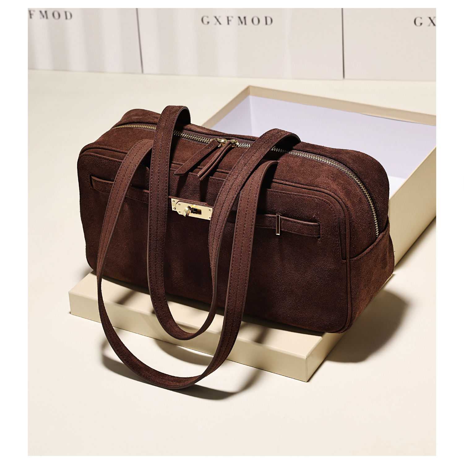 小众设计复古麂皮绒保龄球包女