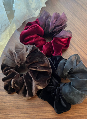 韩国气质网纱丝绒拼接大肠发圈法式优雅马尾头花头绳简约发绳发饰