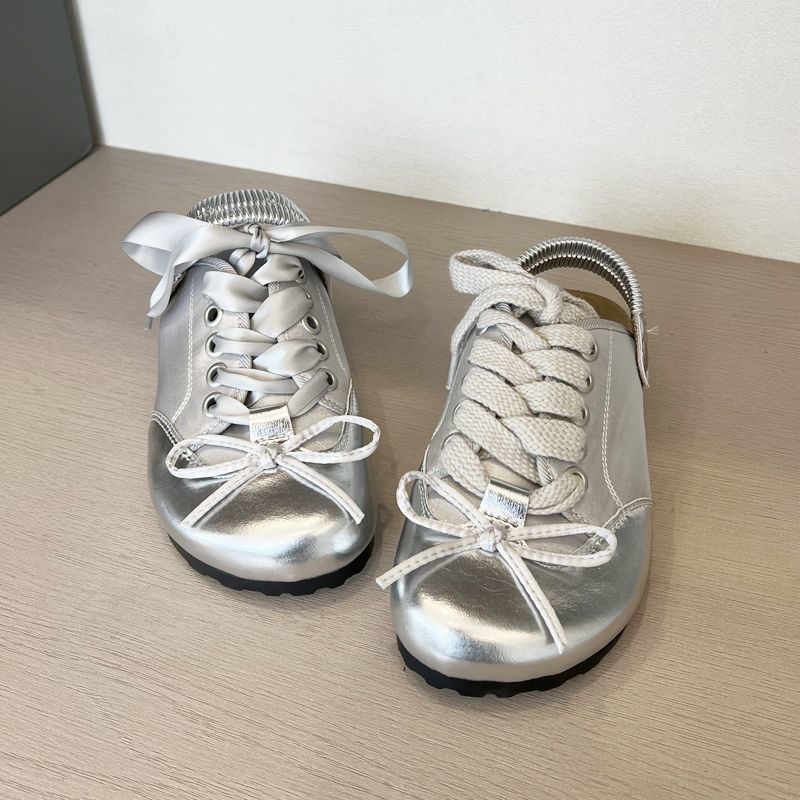 蝴蝶结两穿勃肯休闲凉鞋女2025春款厚底扣带银色圆头外穿休闲单鞋