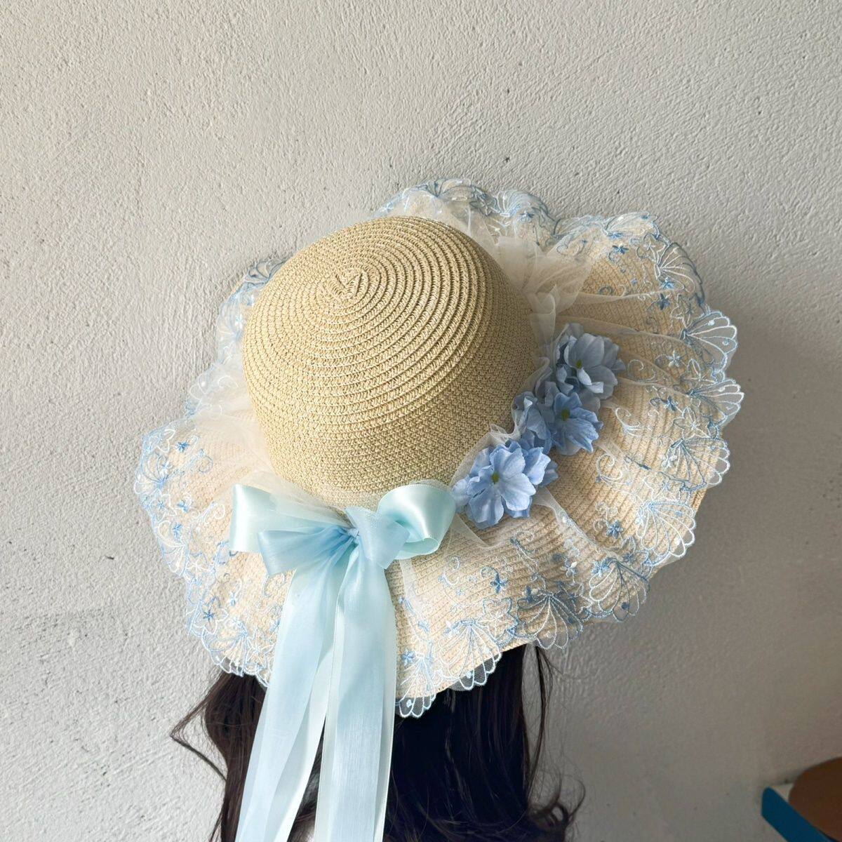 暖屿原创~蓝lolita帽子法式蕾丝草帽草帽防晒帽子太阳帽doll洋气