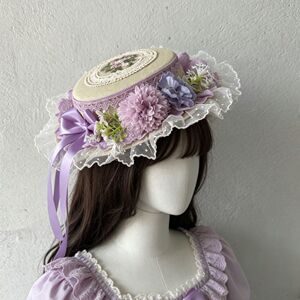 暖屿原创!紫色葡萄花园法式洛丽塔礼帽蕾丝四时花嫁平顶帽发饰