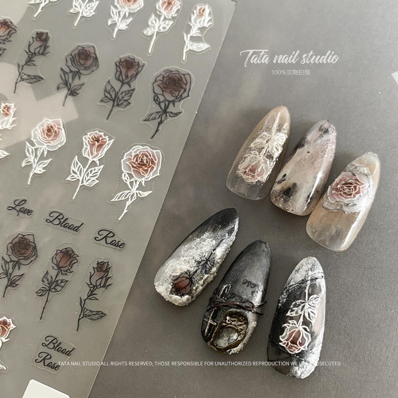 嗜血玫瑰滴血线稿美甲贴花自粘贴