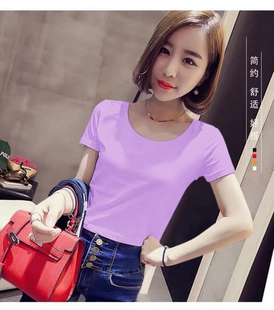 新款 香芋紫圆领t恤女短袖 2020夏季 显瘦半袖 纯色体恤上衣服ins 修身