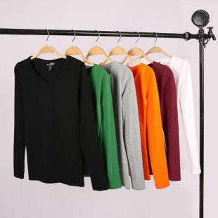 纯色简约打底衫 t恤女装 修身 体恤大码 百搭上衣 春季 韩版 V领白色长袖