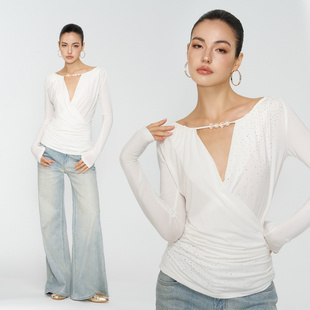 4muggle亮晶晶串珠交叉荡领长袖 显瘦烫钻上衣女vtg气质辣妹打底女