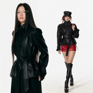 4muggle原创大女主时髦伞形褶皱立领黑皮衣气质辣妹上衣短外套女