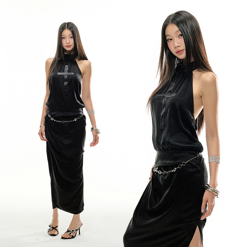 4muggle原创夏季十字封印挂脖露背休闲连衣裙挂脖气质黑色长裙女,女装/女士精品,连衣裙,淘宝优惠券,粉丝福利购,淘宝优惠卷