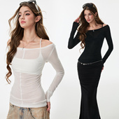 4muggle原创早秋黑白十字架长袖 打底上衣露肩微透性感基础T恤女