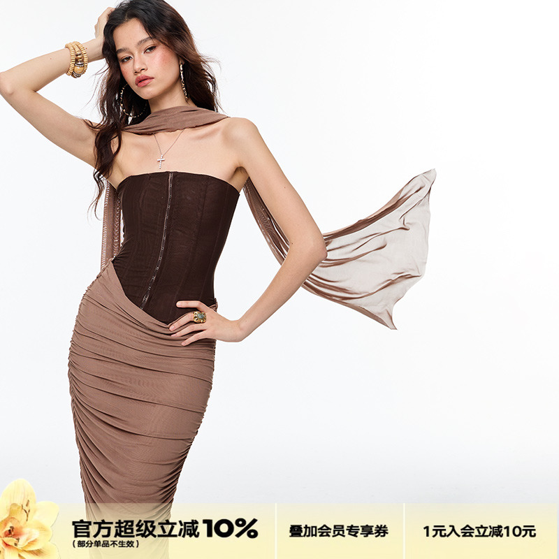 4muggle棕色网纱鱼骨胸衣连衣裙