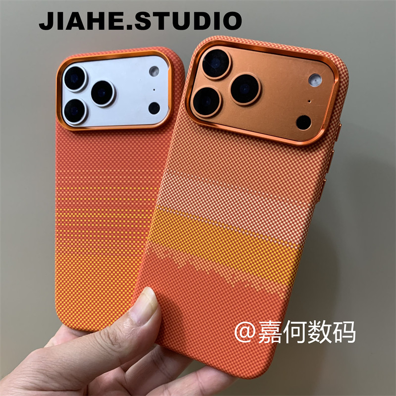 仿碳纤维纹理凯夫拉纹橙色风暴条纹适用iPhone17promax手机壳磁吸苹果17pro硬壳INS保护壳新款轻奢商务潮男女