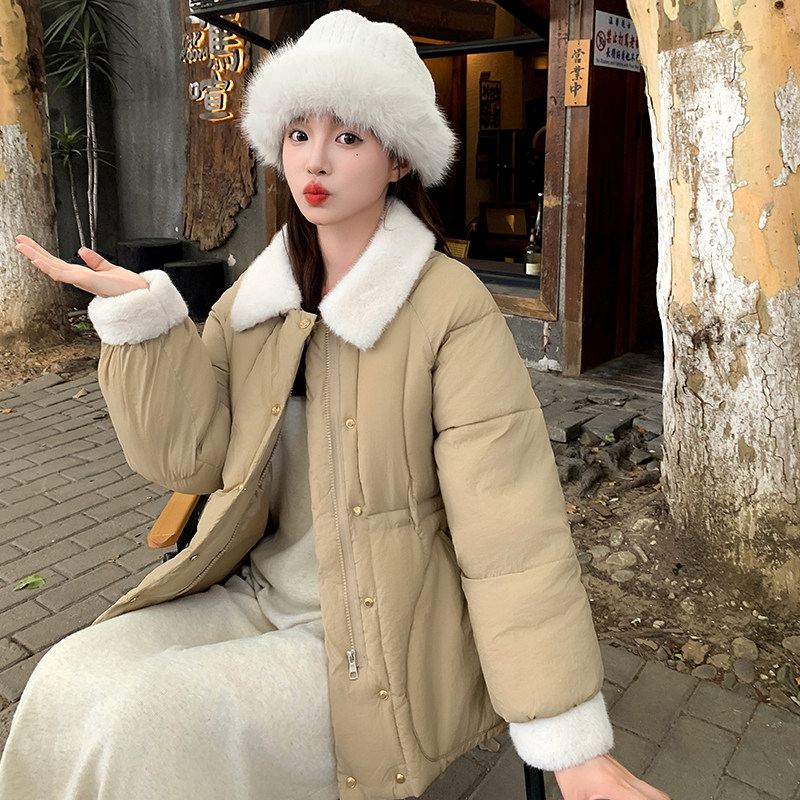 鸭鸭羊羔毛羽绒棉衣女短款冬季新款时尚小个子面包服收腰气质棉袄