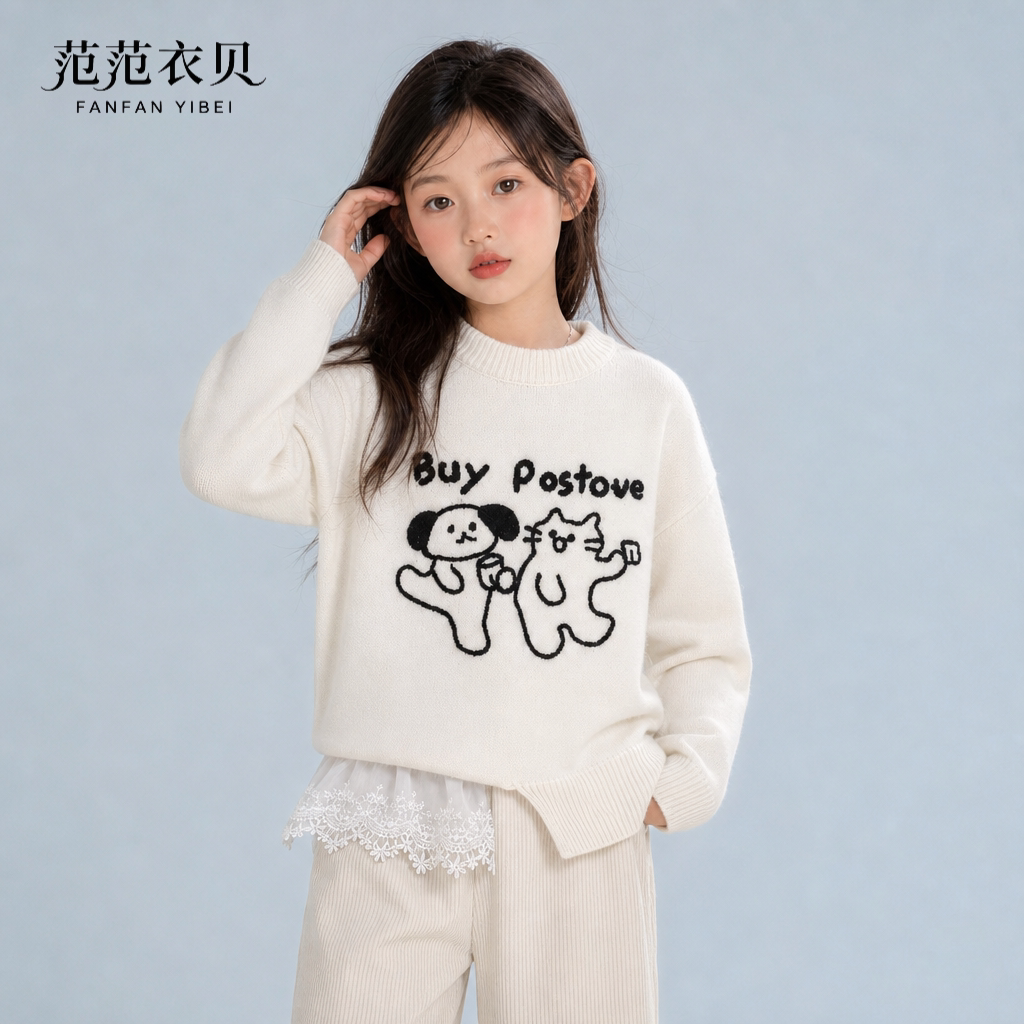 女童秋冬刺绣圆领套头毛衣
