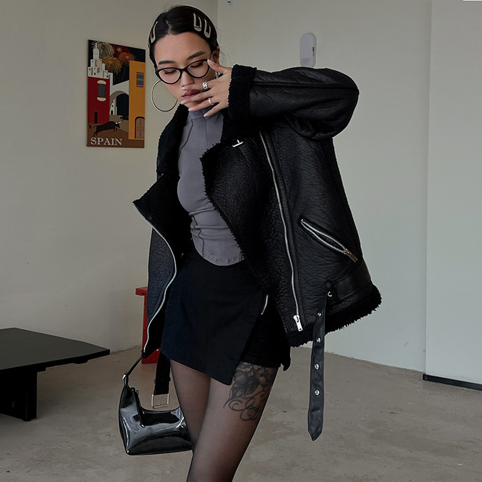 镭色Lazer欧美皮毛一体外套机车羊羔绒保暖宽松加厚夹克加绒棉服