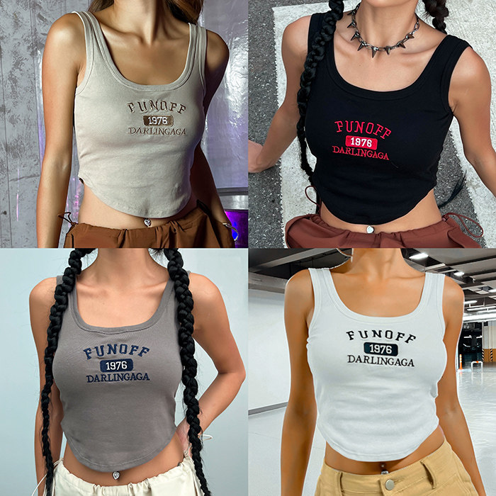 镭色lazer欧美百搭多色小背心美式英文刺绣露脐辣妹短上衣带胸垫