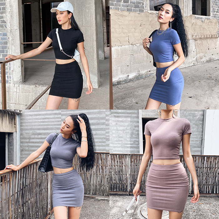 镭色lazer欧美上衣 短裙套装性感辣妹紧身短袖露脐t恤高腰包臀裙