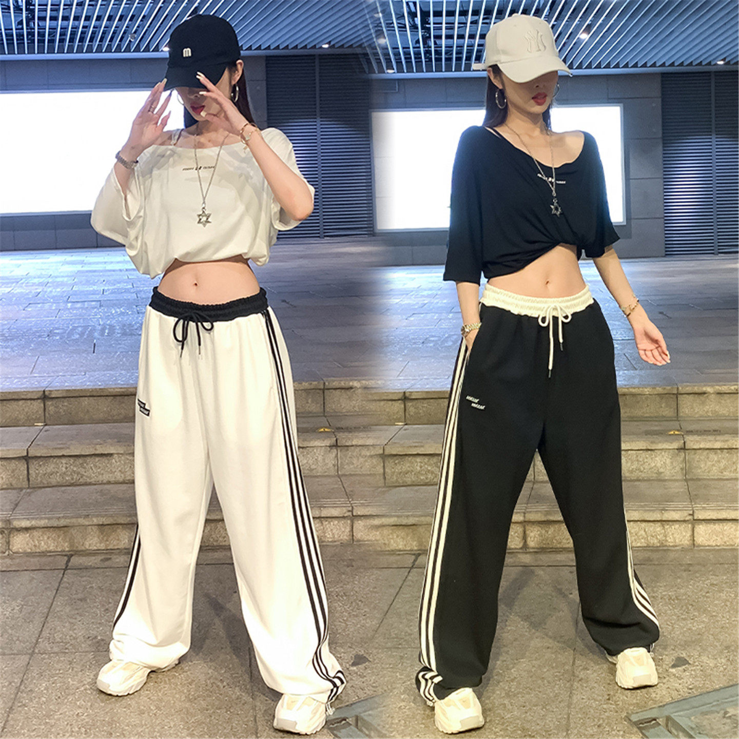 美式跳舞服装棉料爵士舞短袖上衣三杠运动裤子嘻哈舞蹈女团演出服