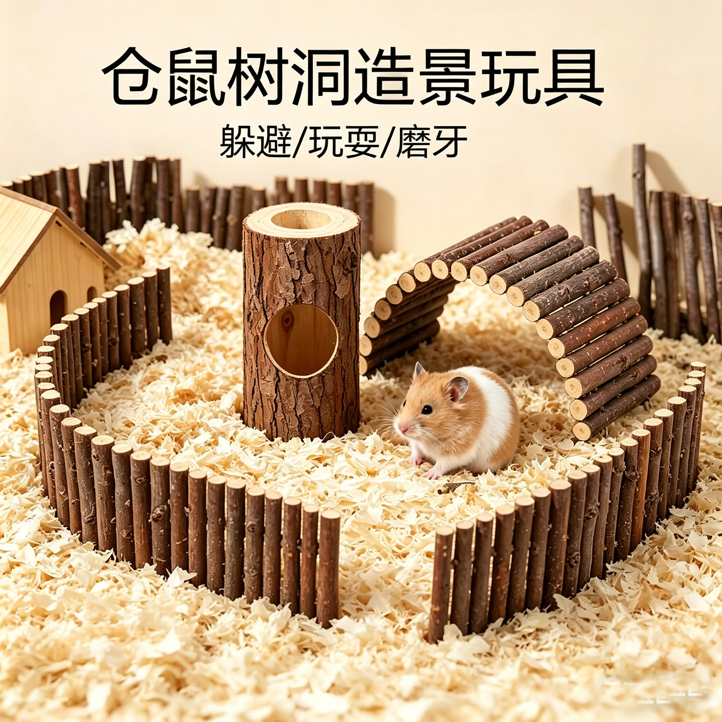 仓鼠笼树洞玩具造景围栏金丝熊解闷自嗨专用挖掘隧道木质躲避窝屋