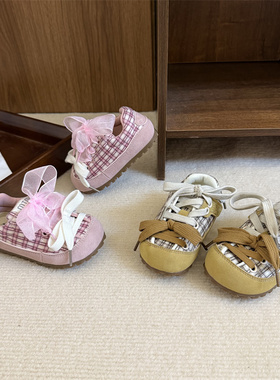 61619女童蝴蝶结双系带格子休闲鞋2026春款韩版甜美风儿童阿甘鞋