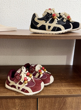 61362小童皮面德训鞋2025秋季女童软底百搭阿甘鞋男童休闲运动鞋