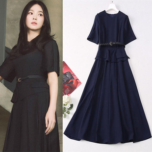 宋慧乔明星同款连衣裙2025年夏季新款女装高级感圆领短袖气质长裙