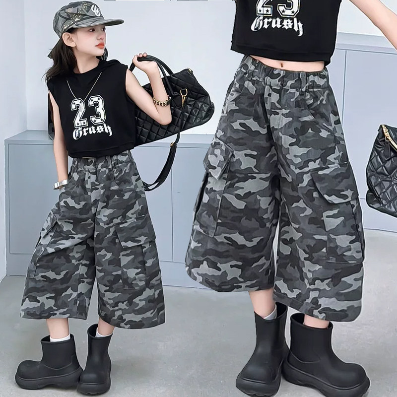 女童迷彩短裤2026夏装新品韩版中大童阔腿裤儿童休闲洋气七分裤子图片